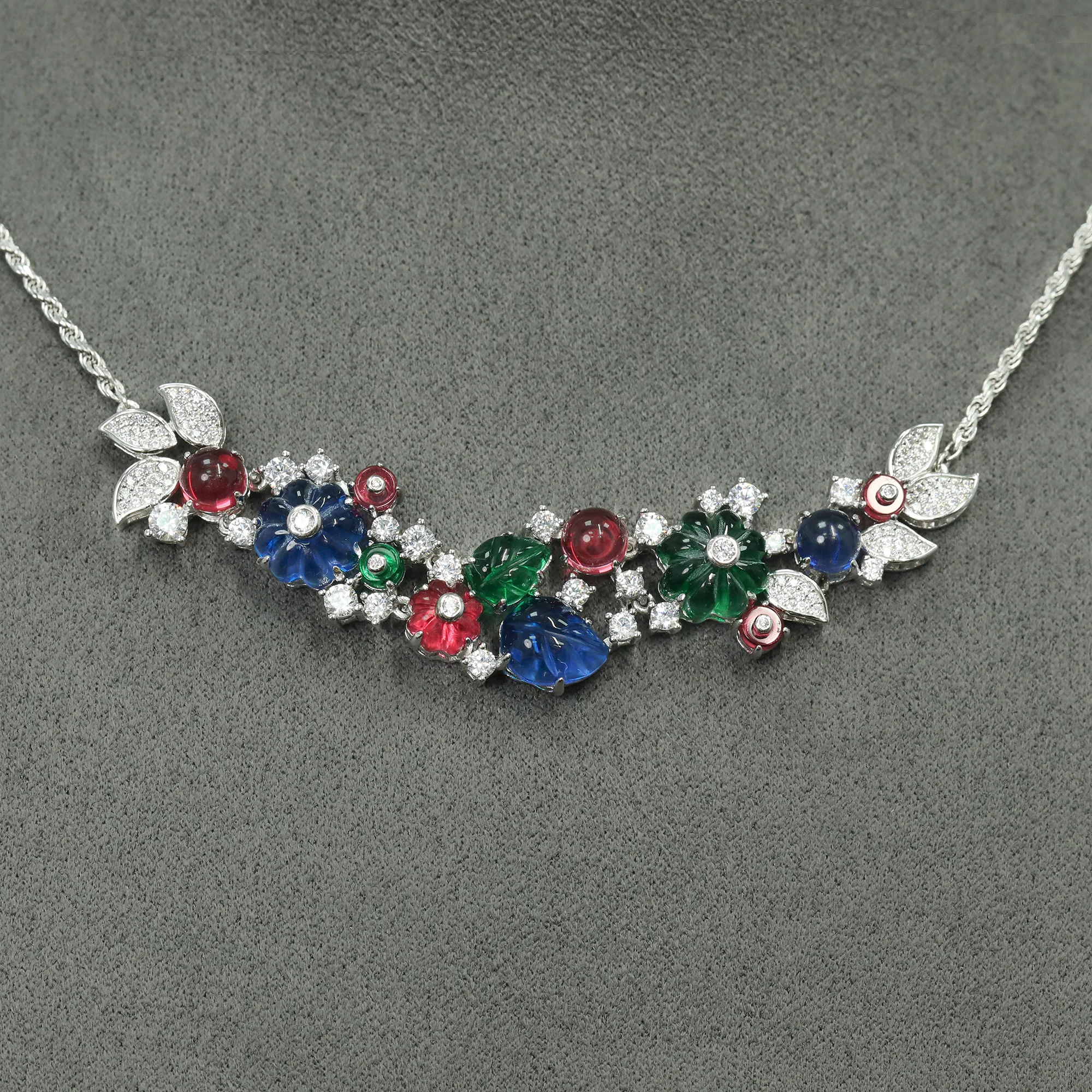 Gorgeous Tutti Frutti Necklace Elegant 925 Sterling Silver Flower Design Statement Fine Jewelry for Women's Evening Party Gifts