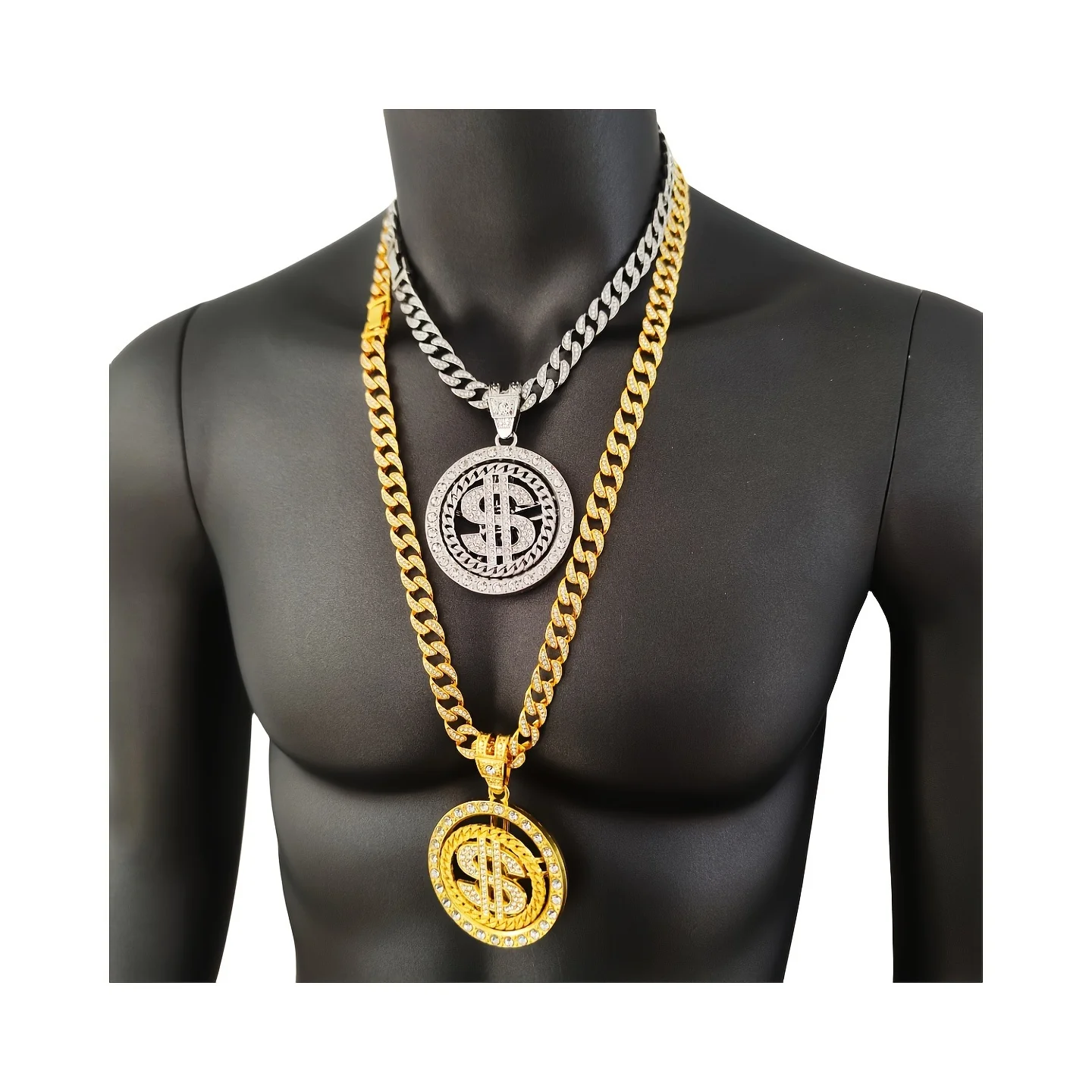 18k Fill Gold Hip Hop Diamond Round Dollar Symbol Cuban Chain Alloy 18K Plated Men's Punk Trendy Personality