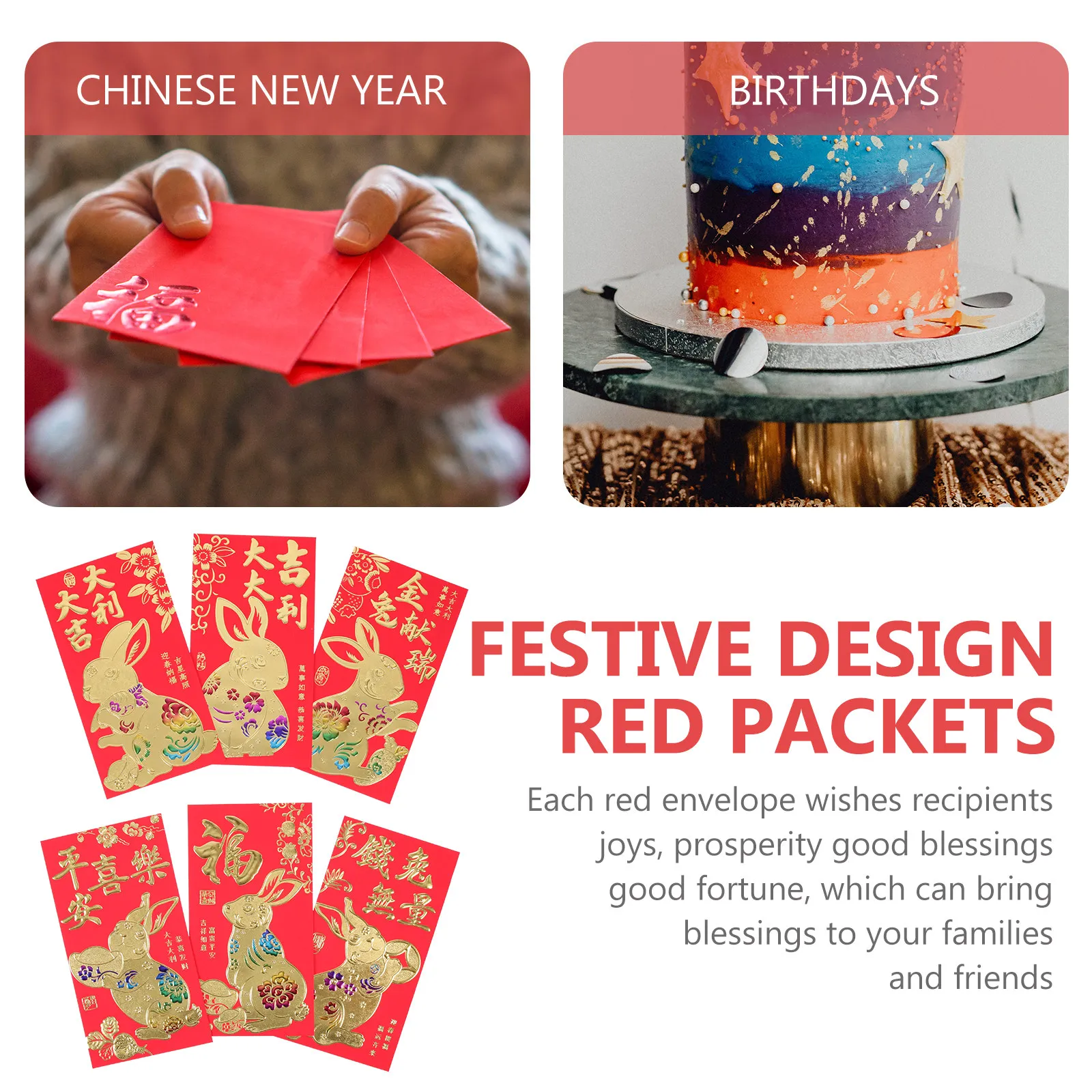 60Pcs 2023 Zodiac Rabbit Year Red Envelopes Spring Festival Money Pockets Bright Color Delicate Bunny Patterns Lucky New Year