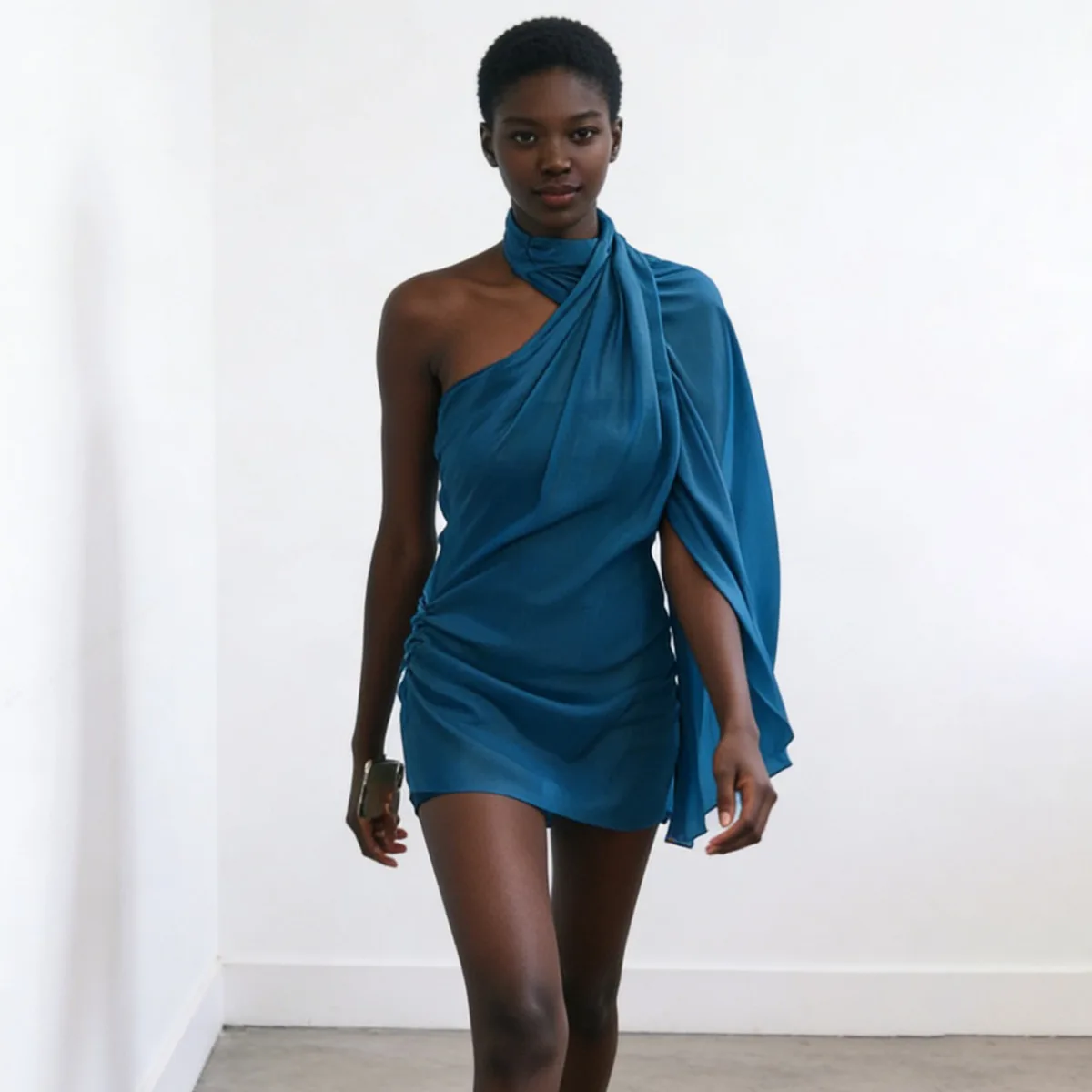 BJTZ 여성용 쉬머 블루 원 숄더 홀터 파티 드레스 내장 라이닝 플러터 슬리브 짧은 우아한 슬리밍 캐주얼 프리미엄