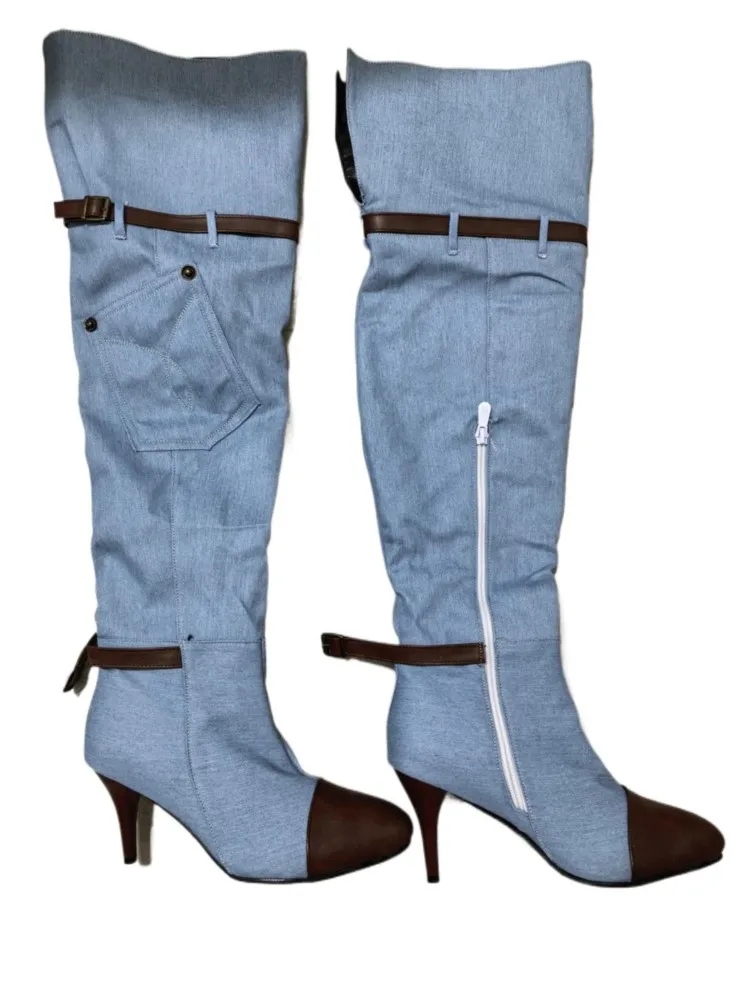 New denim boots with high heels, fashionable knee length women\'s boots, autumn and winter denim high heels, sexy buttons