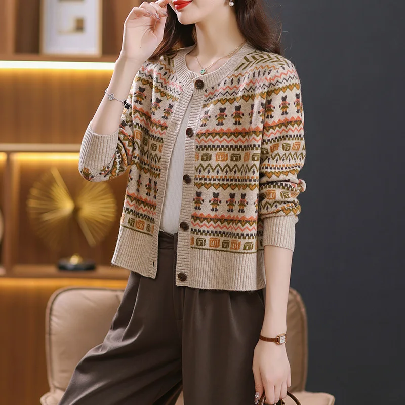 Long Sleeve Cardigan for Women, Jacquard Knit, Loose Sweater, Thin Streetwear, Korean Popular Clothes, Autumn and Winter