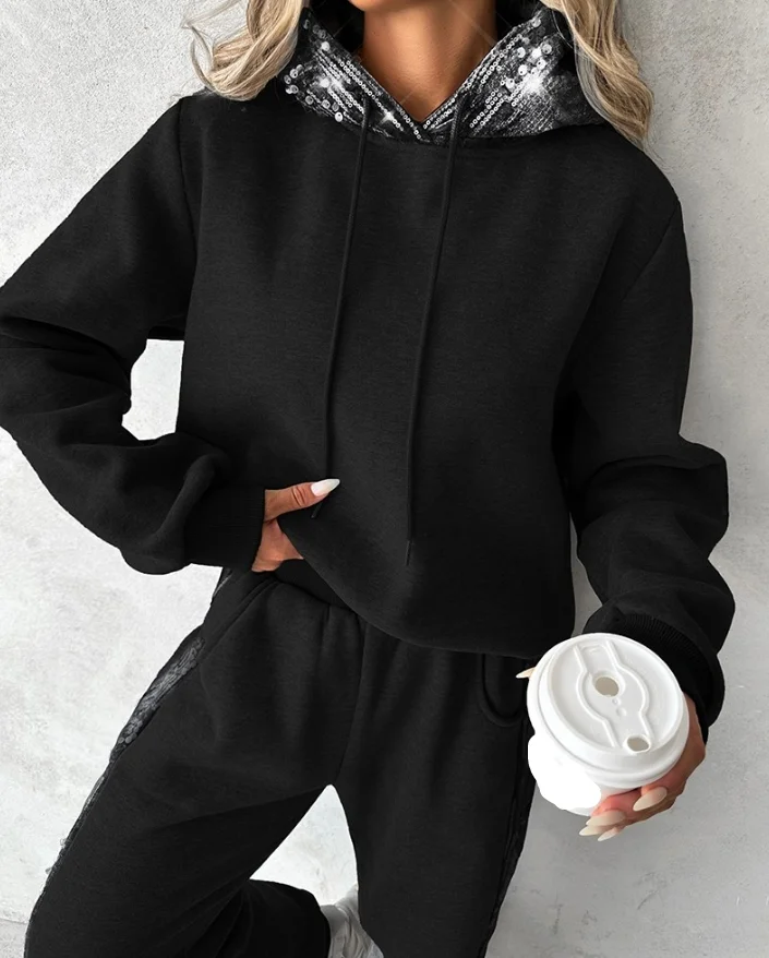 

Women's Two Piece Trendy Commuting Contrast Sequin Hooded Long Sleeve Sweatshirt & Pocket Design High Waist Sweatpants Set