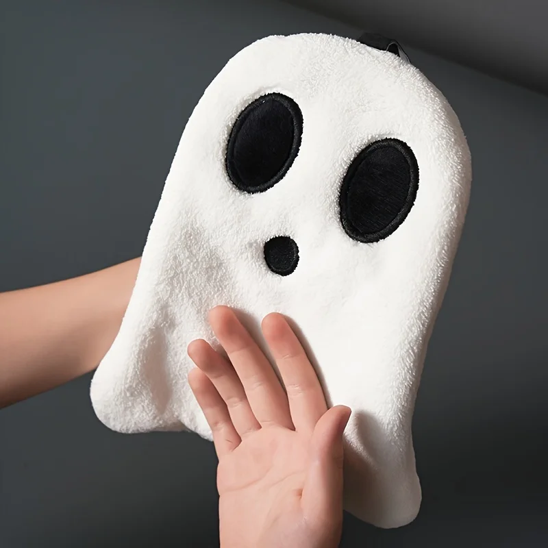 Ultra Absorbent Ghost Shaped Towel Halloween Bathroom Hanging Decor Coral Velvet Hand Towel with Fantasy Theme for Home Kitchen