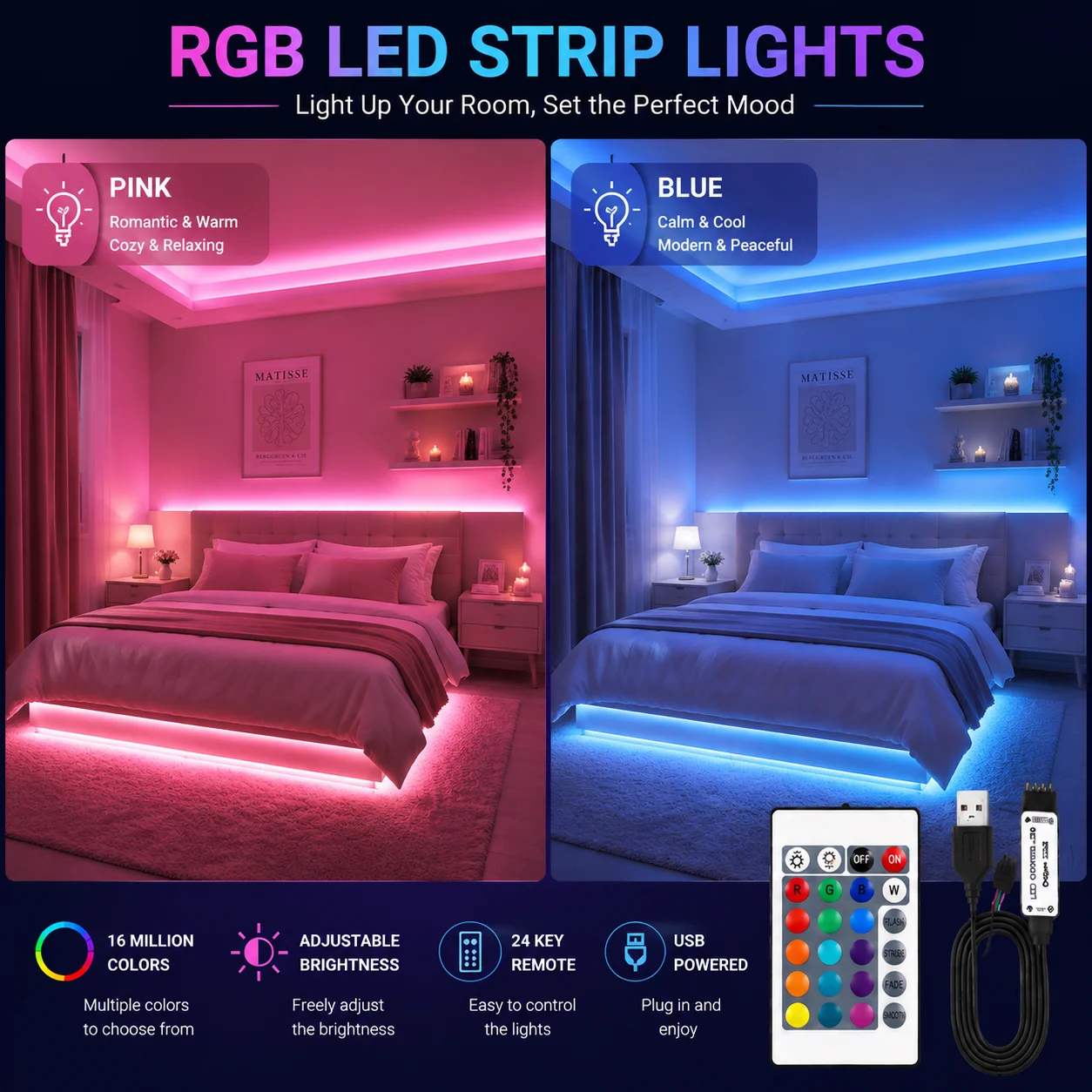 Flexible RGB LED Tape Light, USB Supply, 24 Key Infrared Remote, Multi-color Light for Bar, Living Room, Festival Decoration