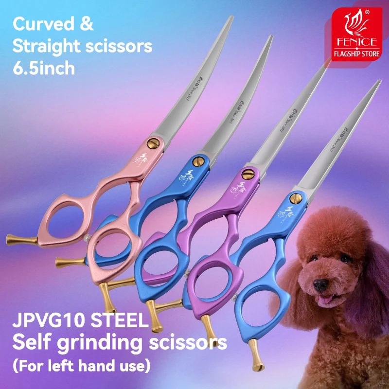 Fenice JP VG10 Professiona Left Hand Self Grinding Scissors 6.5 Inch Curved 35°&Straight Grooming Scissors Pet Scissor for Dogs