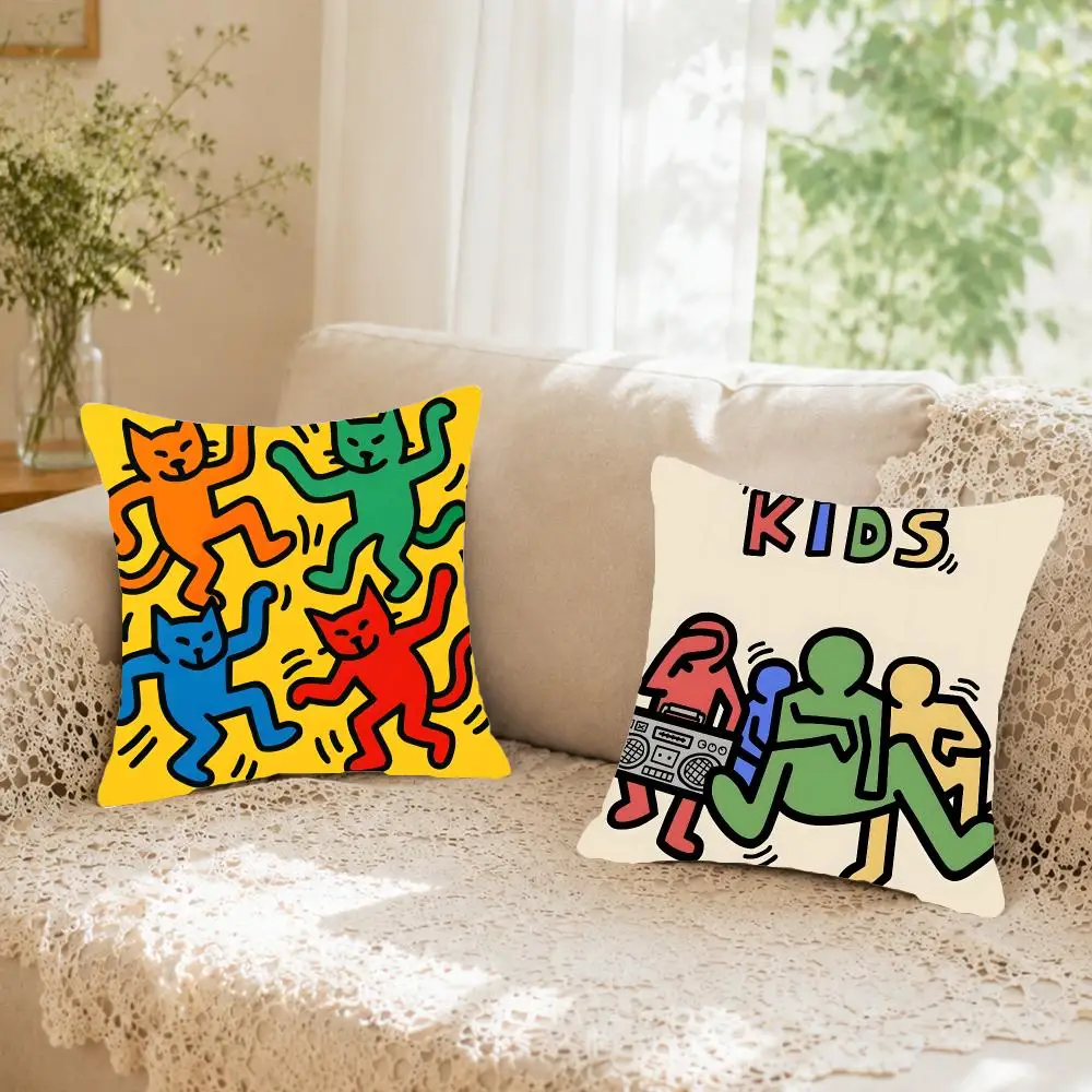 Street artist Keith Haring Cushion Cover Faux fur decorative Dark academia style Cat scratching post Rustic Spa pillow cover