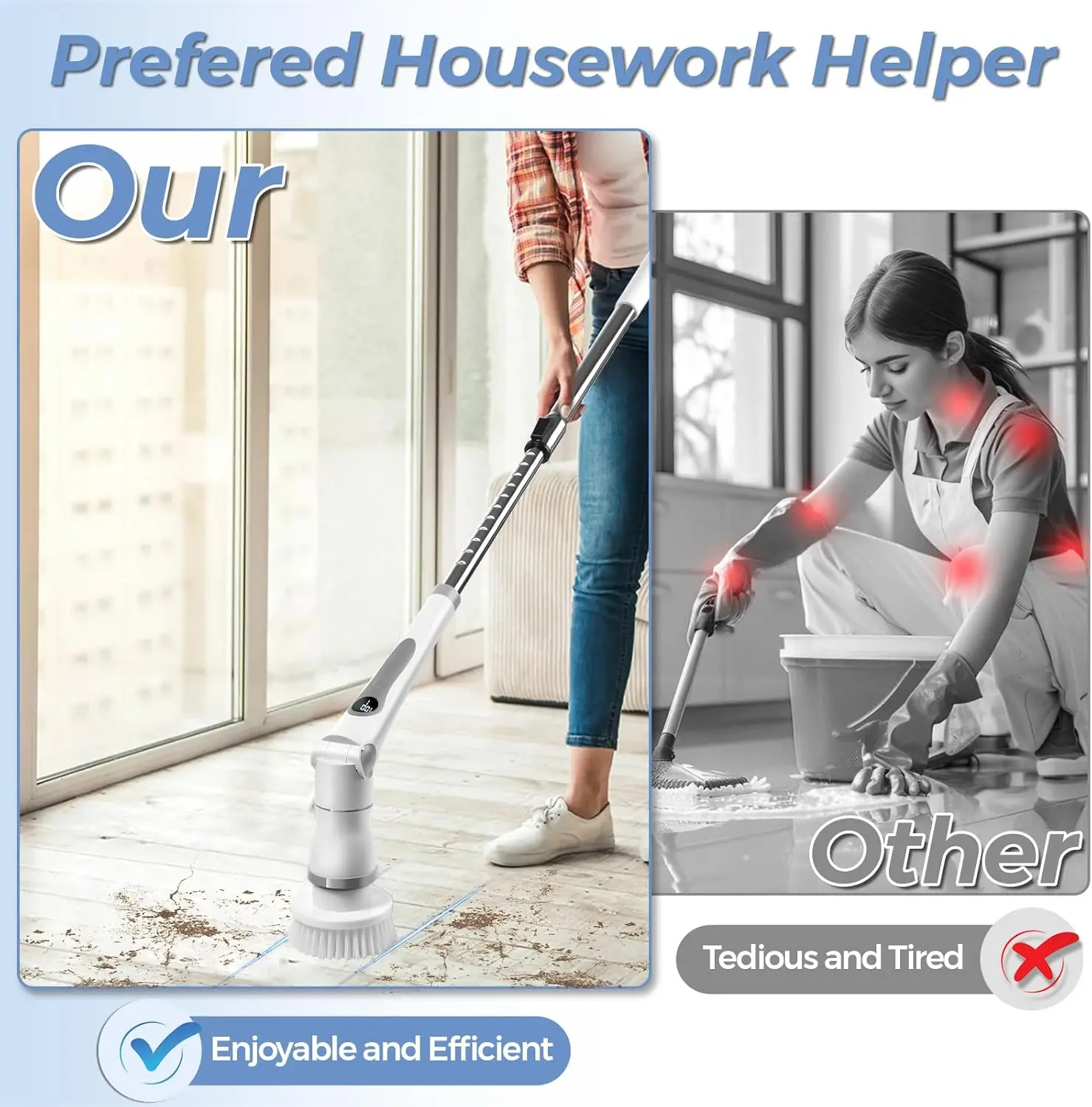 Electric Spin Scrubber, Cordless Cleaning Shower Brush 8 Cleaner Heads LCD Display 3 Speeds Adjustable Extension Handle I