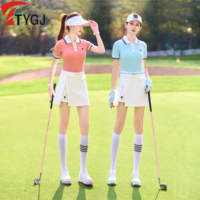 TTYGJ Golf Clothing Women Short Sleeved Patchwork T-shirt Summer Breathable Sports Tops Ladies Split Pencil Skirts A-line Skorts