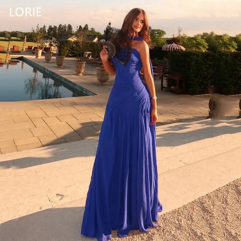 

LORIE Chic Chiffon Blue Evening Dresses Sleeveless Draped Strapless Party Dress Ribbons Floor-Length Prom Gowns Customized