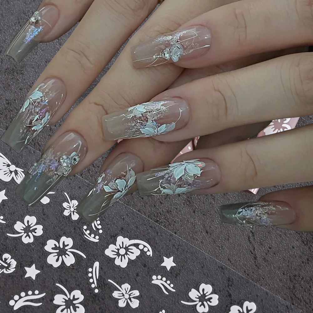 1Pc 5D Embossed Pure White Lotus Flower Nail Sticker Exquisite Hollow Petal Flower Nail Decal Adhesive Summer Floret Nail Slider