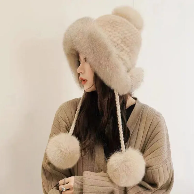 real Mink Fur Hat Lei Feng Hat Natural Fur Hat With Fox Fur Ball Winter Ear Protection Hat For Women Female Warm Knitted Hat
