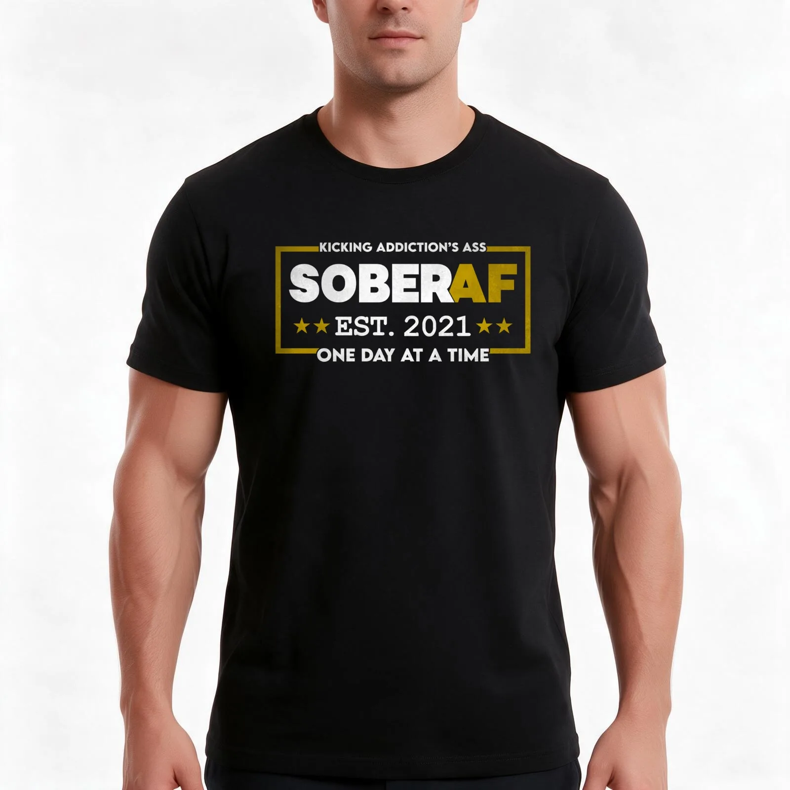 Sober AF Since 2021 Sobriety Motivation Quote T-Shirt, Summer Casual Cotton Tee, Oversized Streetwear Tops, Unisex Men Women