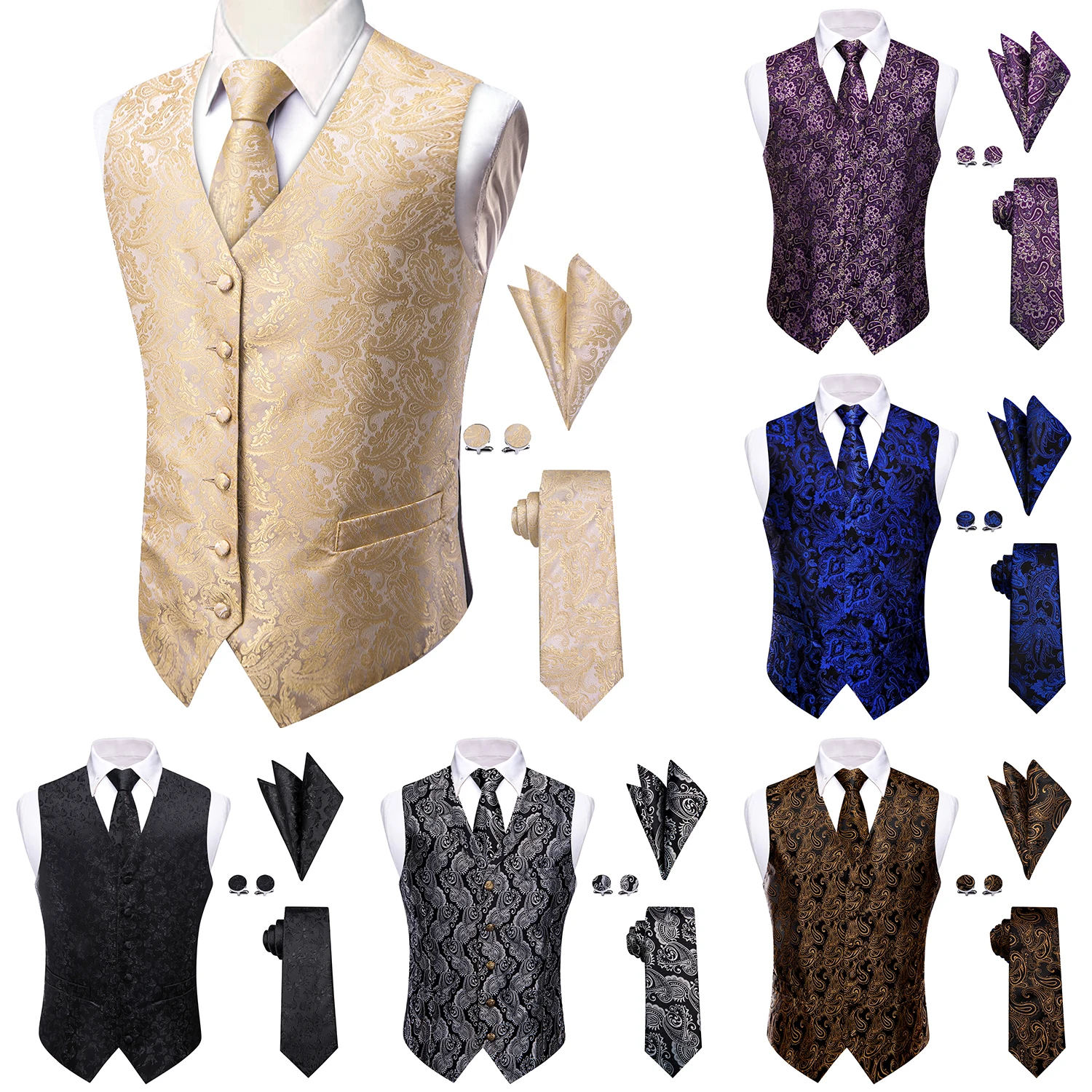 Paisley V-Neck Mens Waistcoat 4Pcs Set, Vest Tie Pocket Square Cufflinks, Formal Suit Accessories for Wedding Business