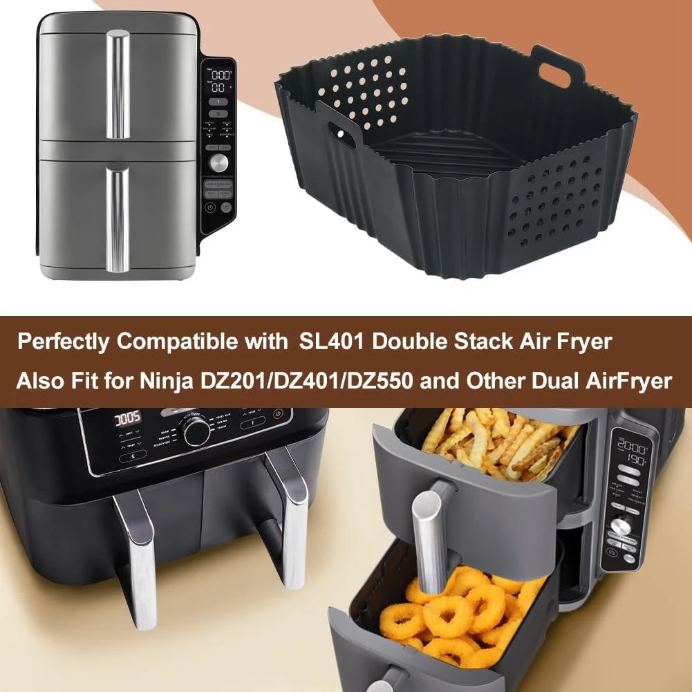 Air Fryer Liners for Ninja SL401 Double Stack 2 Basket Air Fryer Reusable Rectangle Perforated Silicone Liners Gray