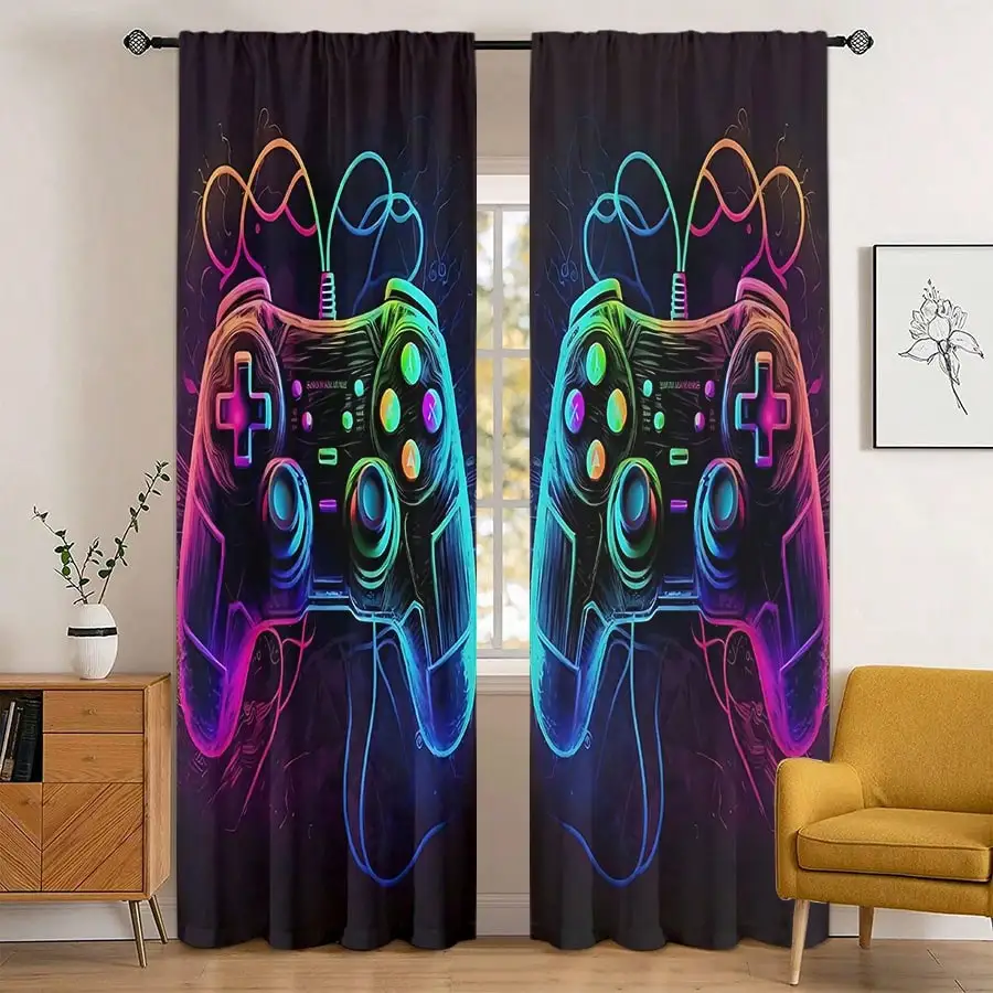 Neon Game Controller Curtains, RGB Gamer Room Decor Drapes, E-sports Joystick Print Window Treatment for Boys Bedroom, Blackout