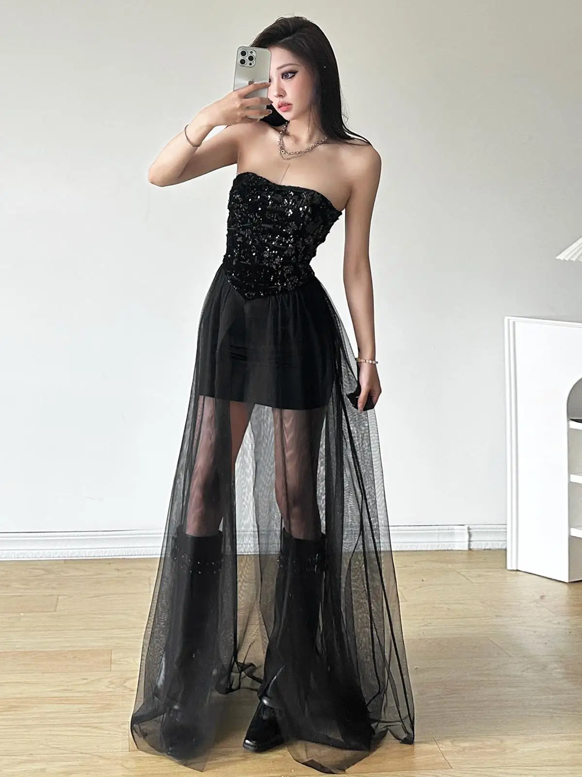 Vestido Midi E Sem Alças com Brilho para loween, Design F com Malha e Cobertura para o Bumbum, Estilo de Rua...