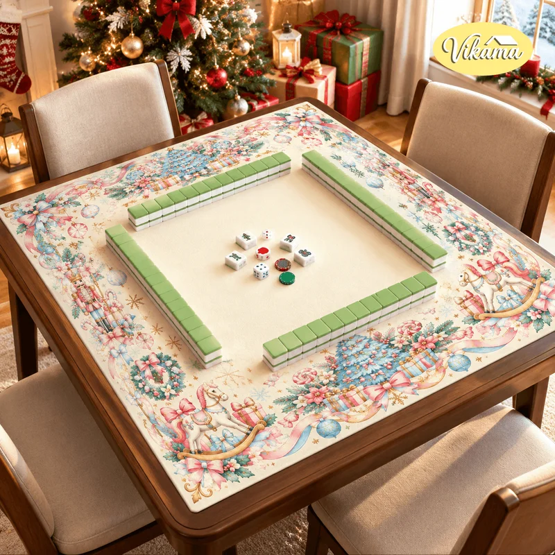 VIKAMA Pastel Christmas Rocking Horse Nutcracker Mahjong Table Mat Bow Non Slip Game Table Cover for Xmas Game Night Decor