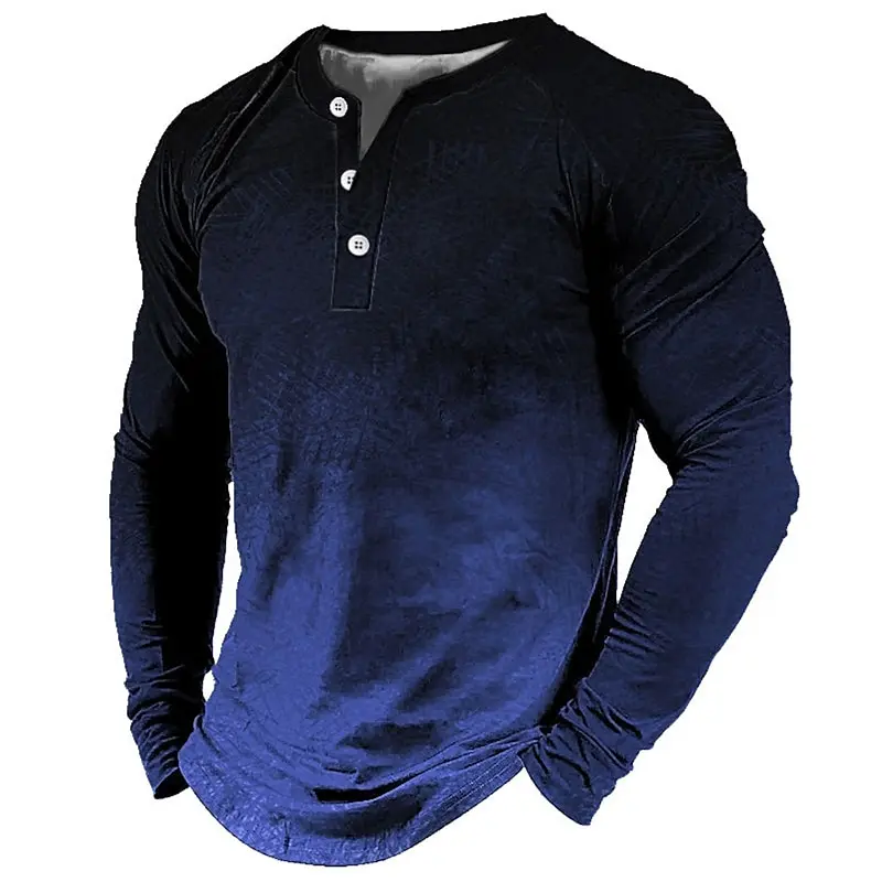 New Gradient 3D Print Henley Shirts Men\'s Fashion Vintage Streetwear Oversized Button Long Sleeve T Shirt Tees Tops Man Clothing