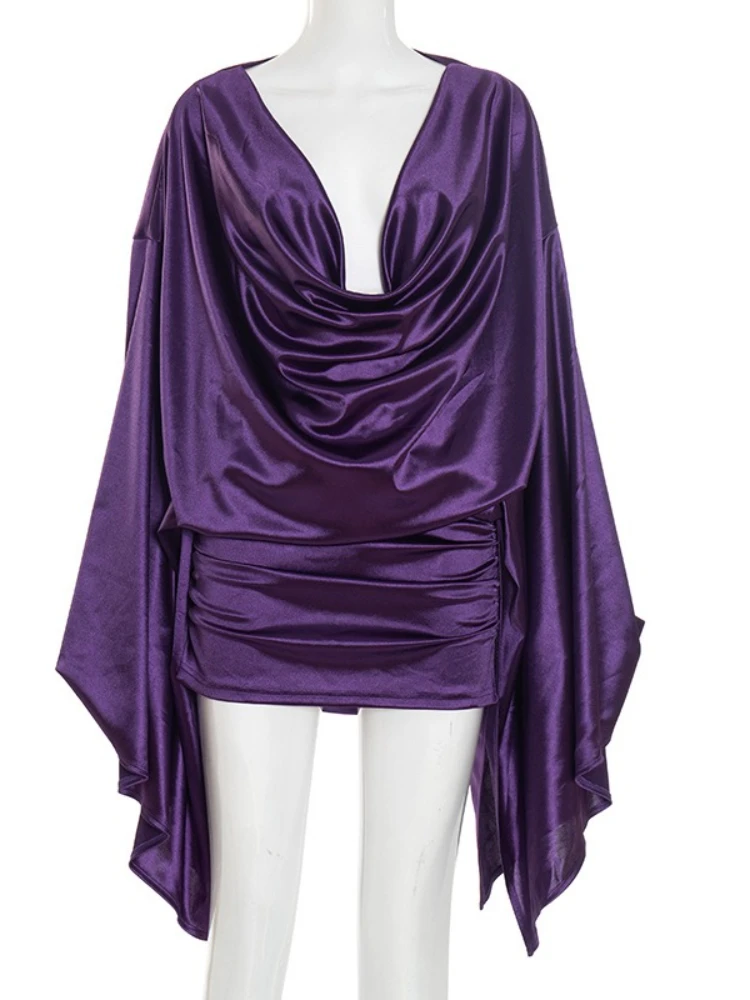 Leosoxs Deep V-Neck Elegant Dress Women Satin Classic Swing Long Sleeve Simple Midnight Clubwear Midnight Skinny Slim Bodycon