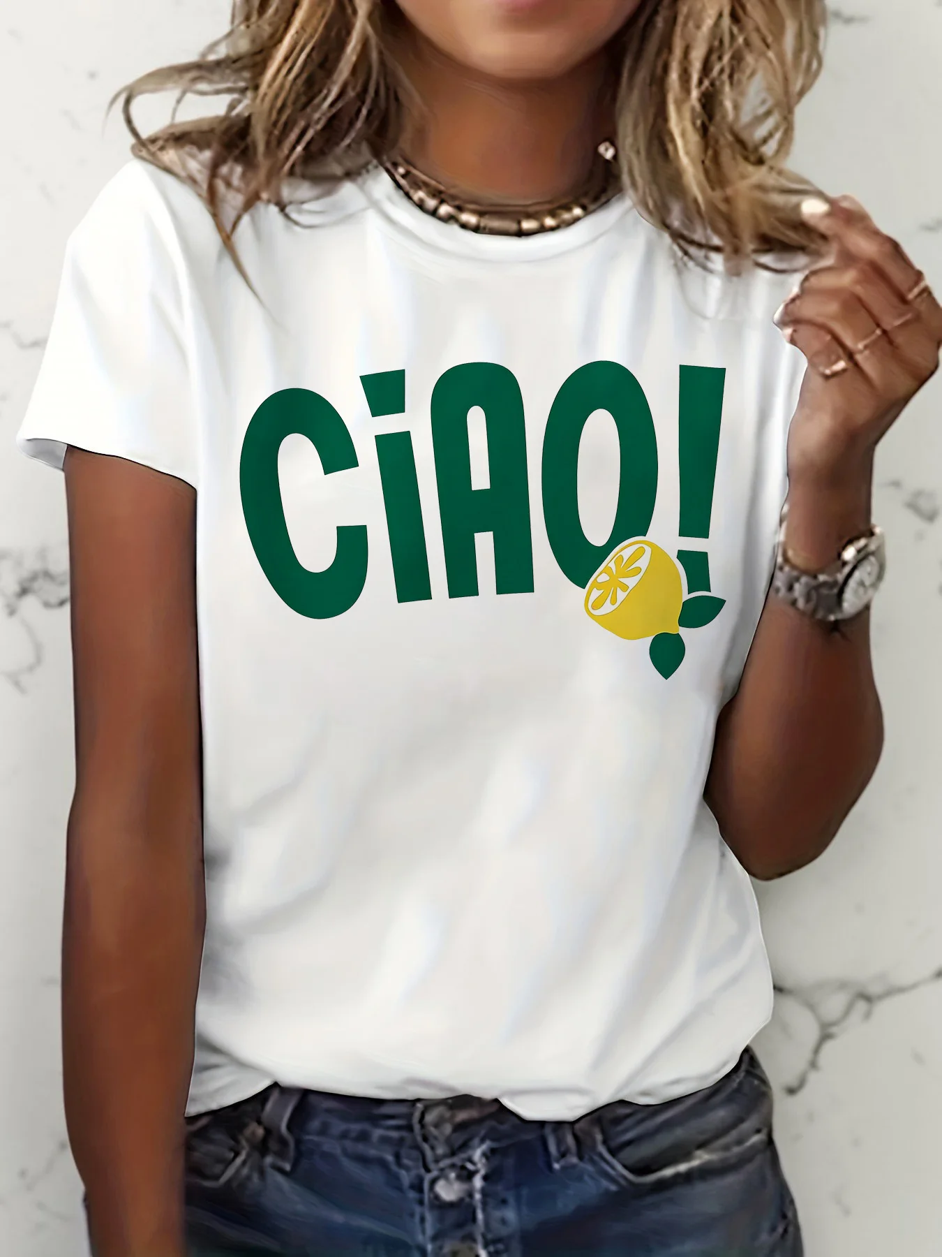 Damenkollektion "Ciao!" Kurzarm-T-Shirt mit Zitronen-Print, Lässiger Rundhalsausschnitt, Retro Italienischer Sommer Grafik-T-Shirt