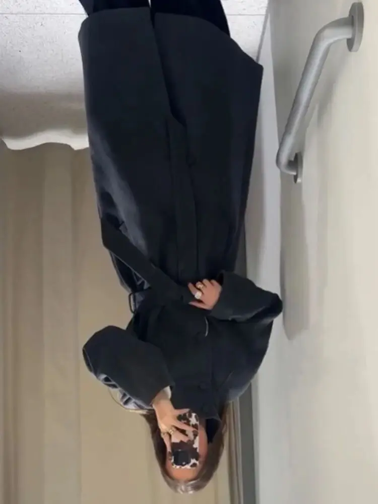 

HH Женское осенне-зимнее длинное однобортное однобортное пальто с круглым вырезом, прямой в карманный ремень H-типа, шерстяное пальто, длинное пальто для отдыха