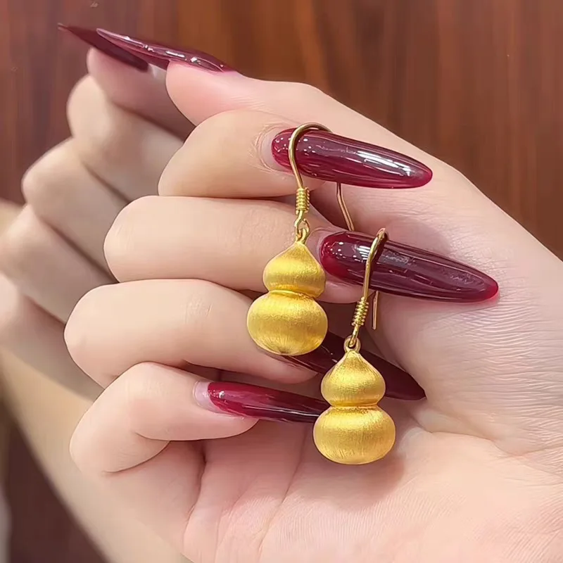 Viora Jewelry Brushed Gourd Earrings Women's 24K Gold AU999 - Smooth hook, burr-free, comfortable & anti-fall