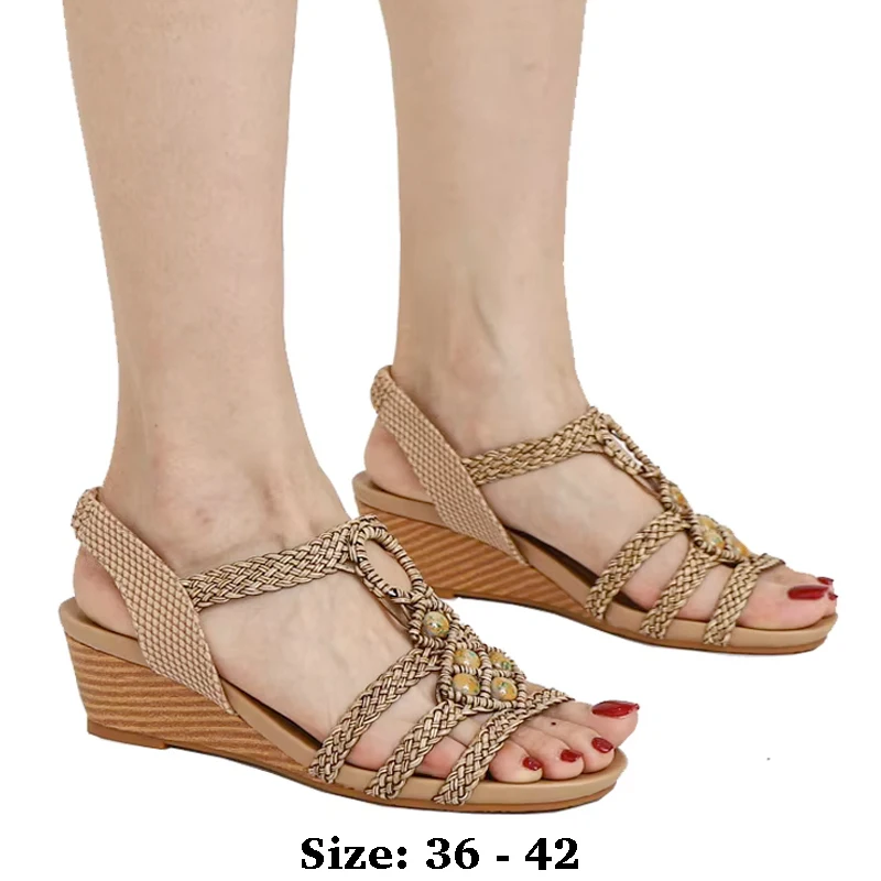 

High quality leather flat sandals for women 5cm wedge mid heel summer 2025 36 42 open toe casual beach shoe black beige brown
