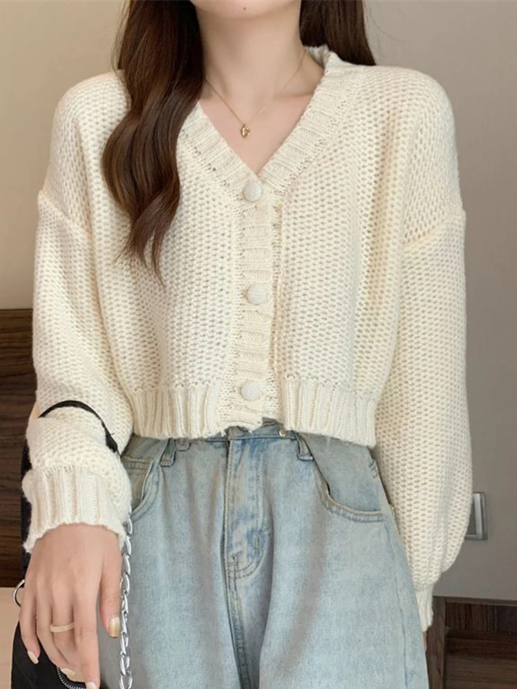 

Sexy Cropped Sweet Cardigan Women V Neck Vintage Slim Long Sleeve Knitted Sweaters Korean Causal Simple Solid Lady Fall Tops New