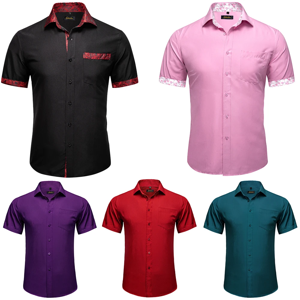 Men Shirts Short Sleeve Cotton Polyester Summer T-shirts Solid Black White Red Business Casual Tops Hawaiian Shirt