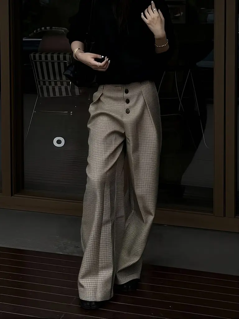Work Trousers Old Money Wide Leg Pants Men High Waist Drape Elegance Plaid Dress Pants Streetwear Loose Suit Pants 2026 Spring