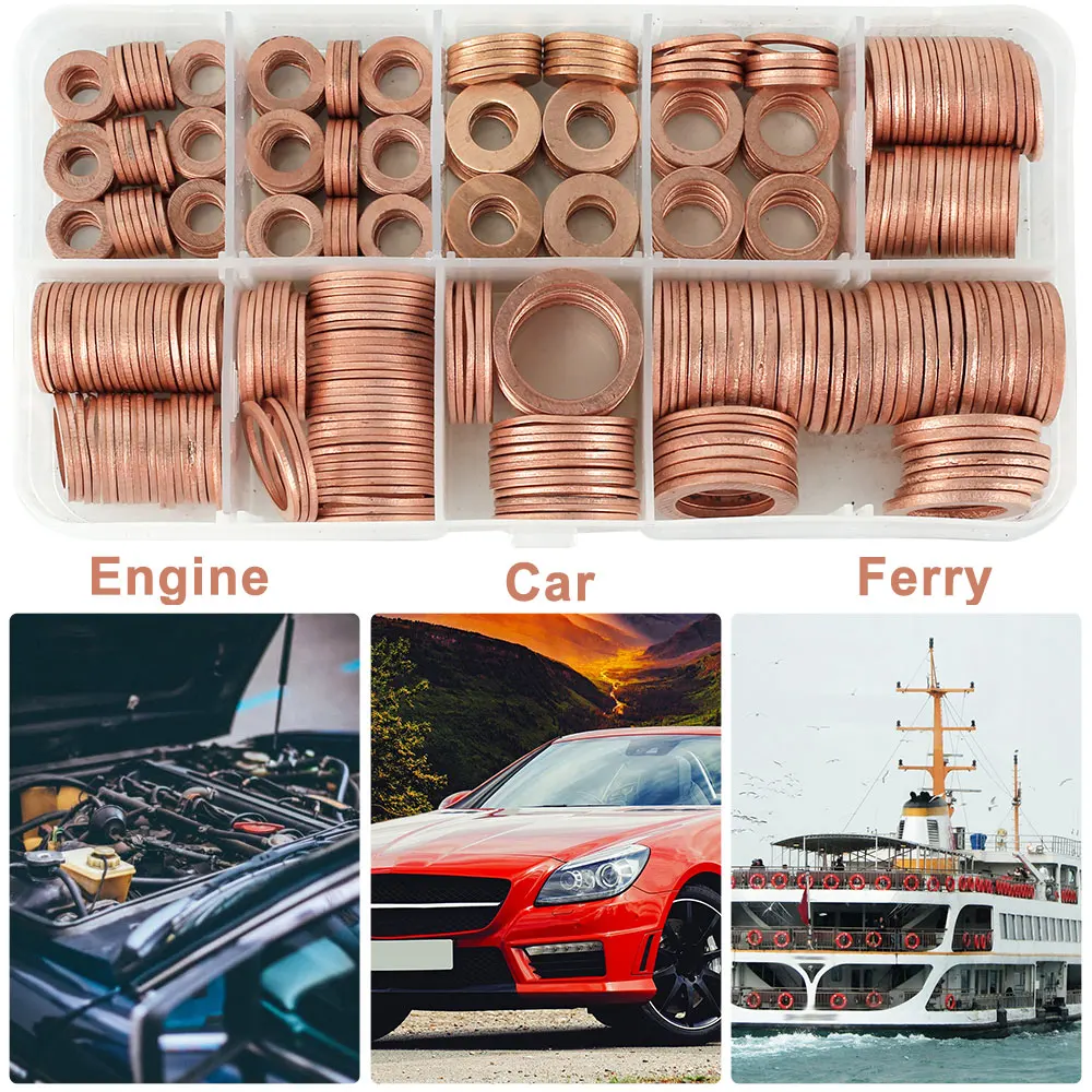 300/400Pcs Copper Washers Set 9/11 Sizes O-Ring Gaskets Flat Seal Rings for Car Ship Generators Sealing Hardware Parts with Case