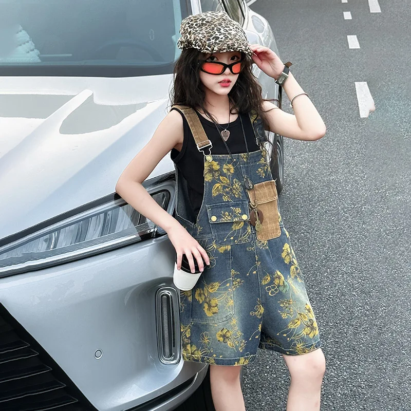Summer Kids Child Vintage Blue Floral Denim Overalls Shorts for Teenage Girls Flower Print Jeans Short Jumpsuit 5 6 8 10 12 14 T