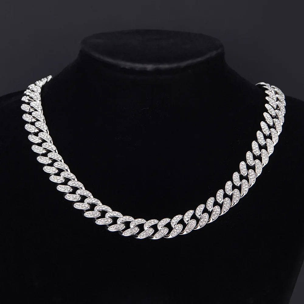 12mm Iced Out Crystal Prong Miami Cuban Chain Necklace for Women Men Bling Paved Rhinestone Choker Necklace Hip Hop Jewelry Gift