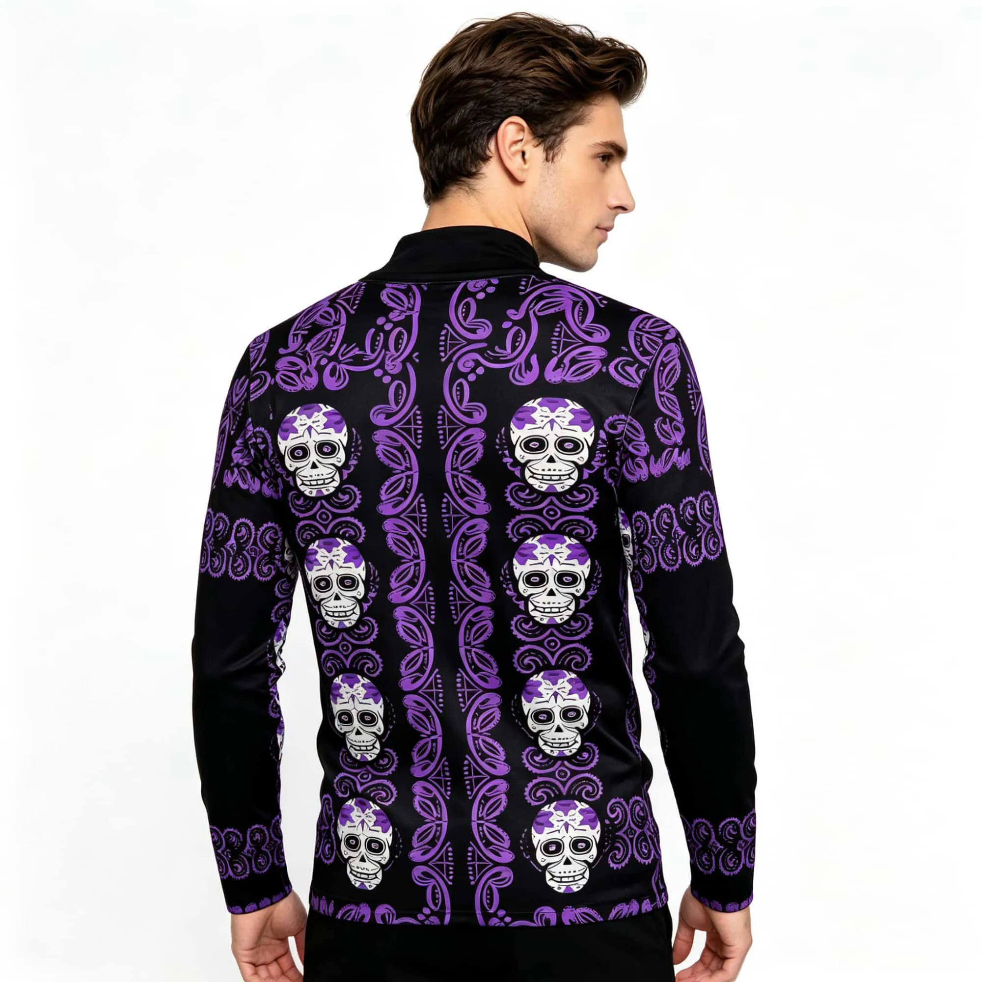 2026 New Arrival Men Mock Neck Long Sleeve Shirt Day of The Dead Skull Floral Print Tee Halloween Gothic Streetwear Top