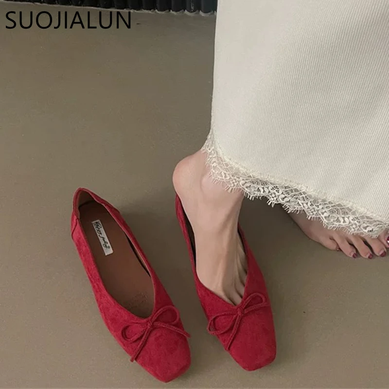 SUOJIALUN 2025 New Brand Women Flat Shoes Fashion Round Toe Shallow Slip On Boat Shoes Soft Flat Heel Outdoor Dress Single Shoes