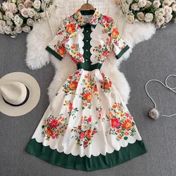 2024 New Summer Women Pirnt Flower Turn Down Collar Single Breasted Short Sleeve Bow Belt Casual Party Boho Holiday Dresses