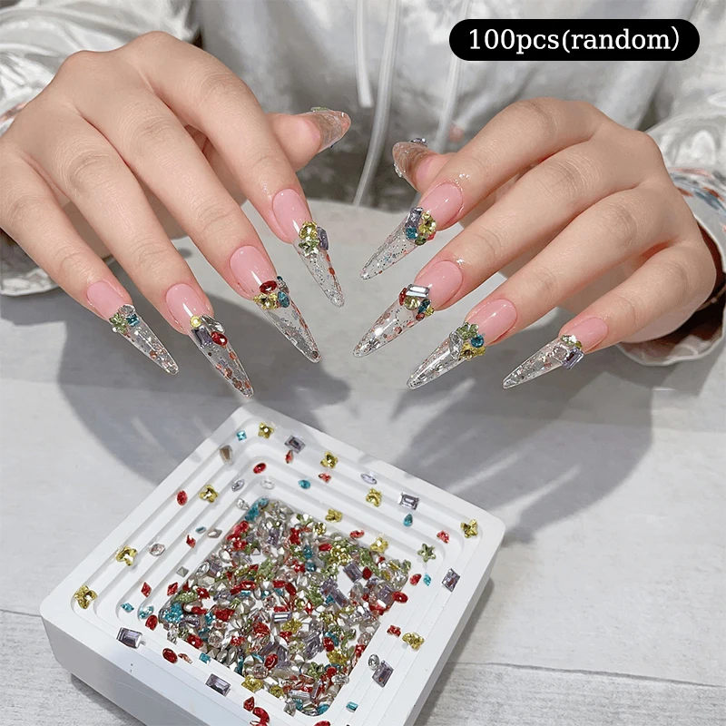 Doces Soda Crystal Nail Charms, Fundo Apontado, Diamante Brilhante, Multi Decorações Cut, Acessórios de Manicure, 100Pcs