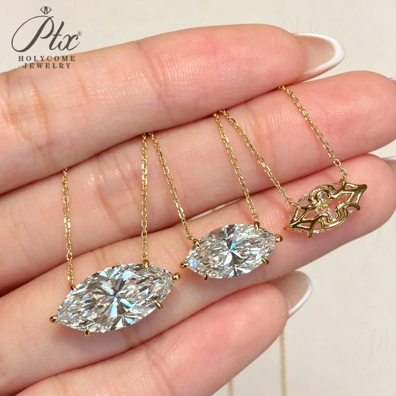Diamant-Halsketten 1CT Marquise-Schliff S925 Silber 14K Gold East West Einzelstein-Anhänger für Damen Hochzeit Feiner Holycome Schmuck – Detail 6