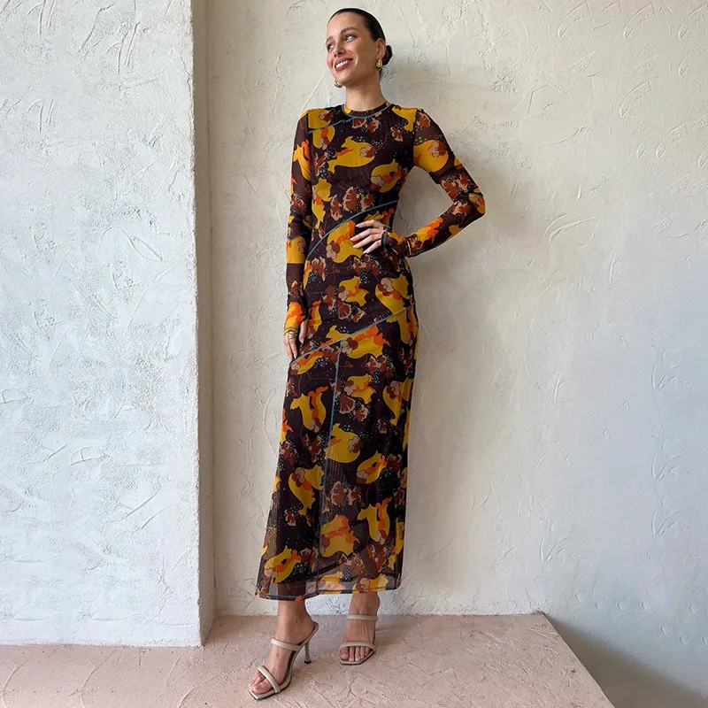 Nuevo estilo impreso transparente para mujer moda Sexy manga larga Floral francés Split Maxi vestido
