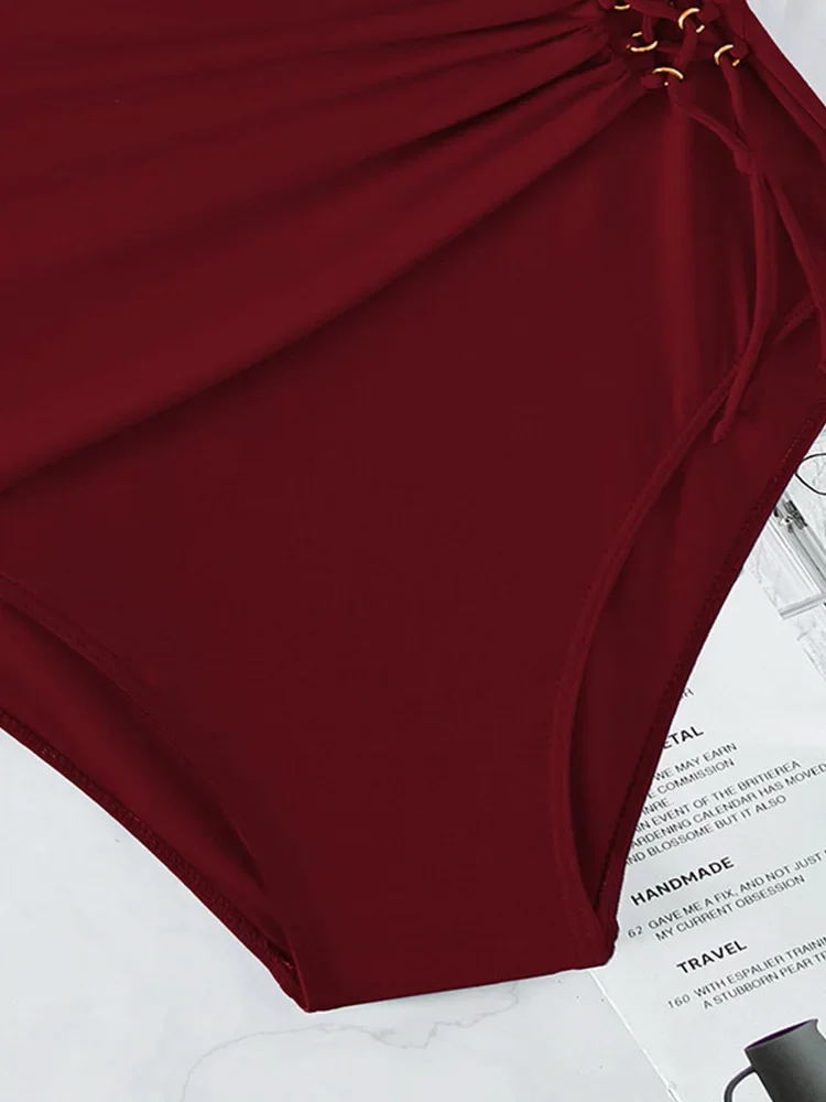 Bikini unicolor con cuello de pico para mujer, traje de baño Sexy de cintura alta, plisado, ajustado, estilo playero, novedad de 2025, traje de baño de verano, traje de baño de una pieza