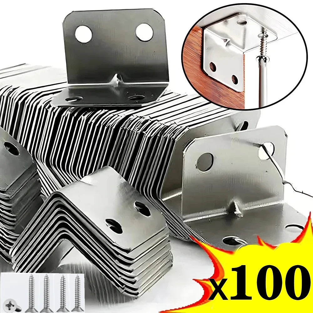 100/20pcs L-shaped Corner Code With Screws Angle Iron Board Table Chair Cabinet Wardrobe Fixed Connector 90-degree Angle Bracket
