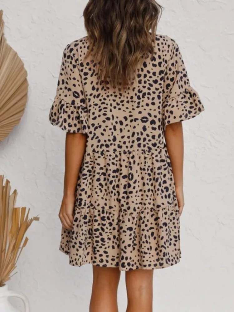 Summer Women\'s New Dress Short-sleeved Loose Button V-neck Leopard Print Splicing Lotus Sleeve Skirt Women Beach Vacation Style