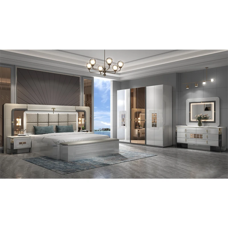 Full 5-Piece Wood Frame Double King Bed Set All White Wood MDF Modern Luxury