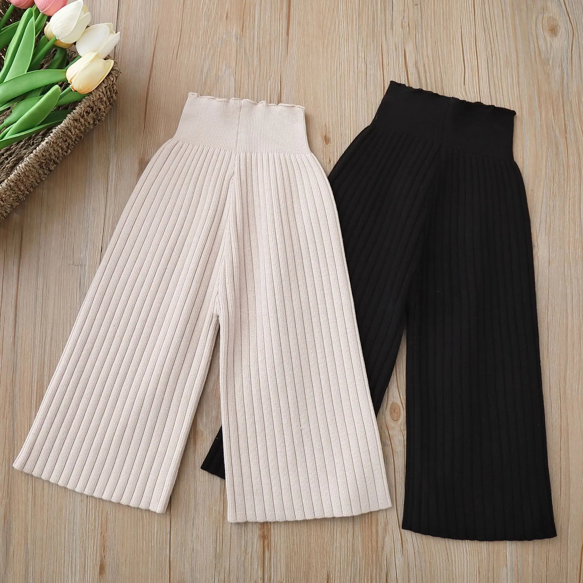 2023 Autumn New Knitted Wide Leg Pants Korean Boys and Girls\' Sweater Pants Children Casual Pants Loose Striped Trousers