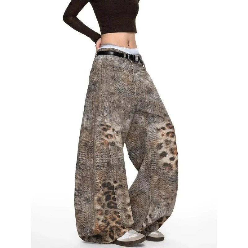 American Vintage Leopard Print Washed Jeans Women Streetwear Loose Full-Length Denim Pants Distressed Y2k Retro Curved Blade
