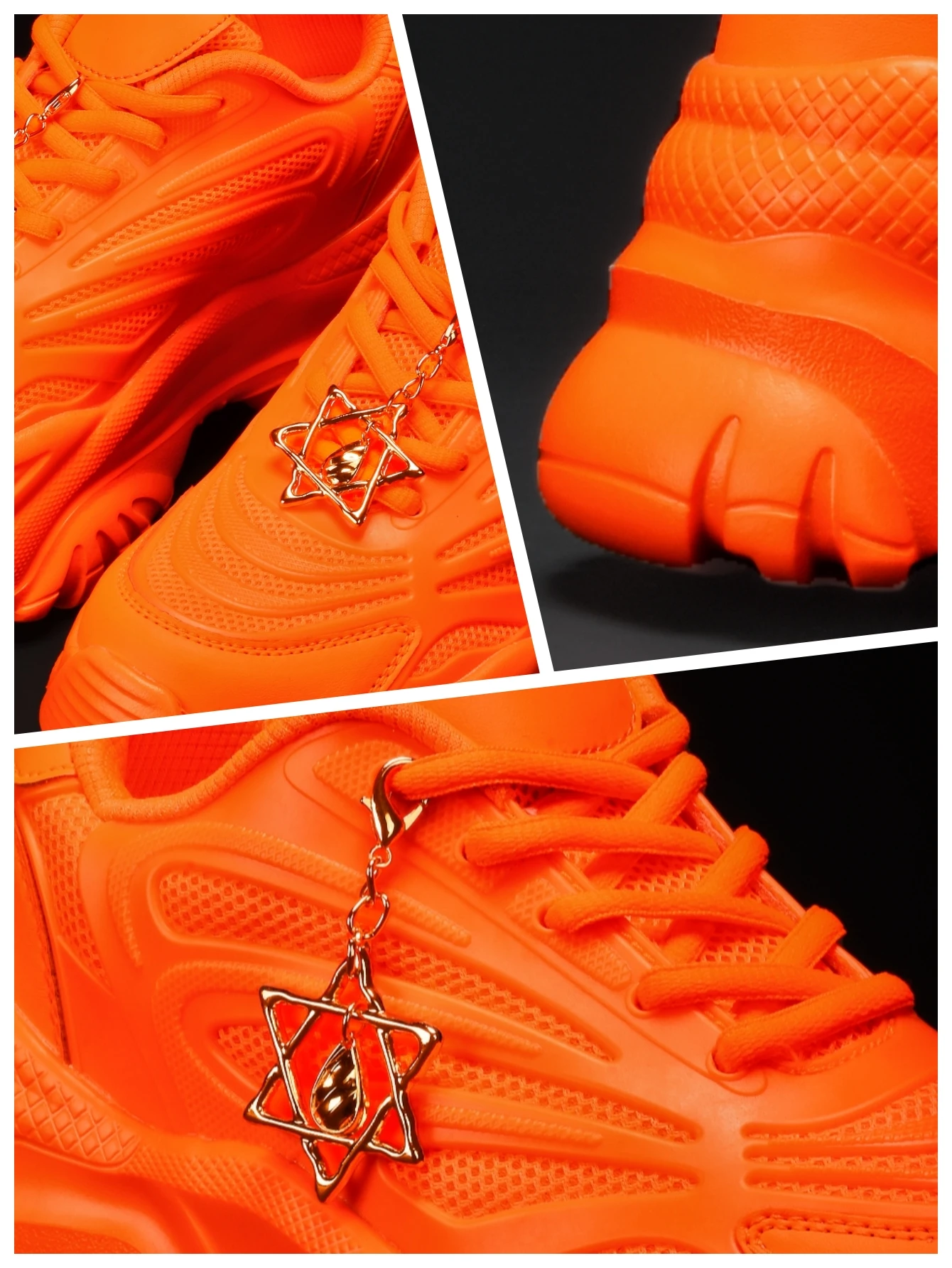 Zapatillas vulcanizadas de moda para mujer, ideales para todas las estaciones y actividades al aire libre. Zapatillas deportivas ligeras de suela gruesa de 7 cm que aumentan la altura, en color naranja, con un estilo moderno y atractivo. Adornadas con un dije desmontable en forma de hexagrama con motivos de gotas de agua doradas. Adecuadas para correr, hacer ejercicio físico y para diversas ocasiones.