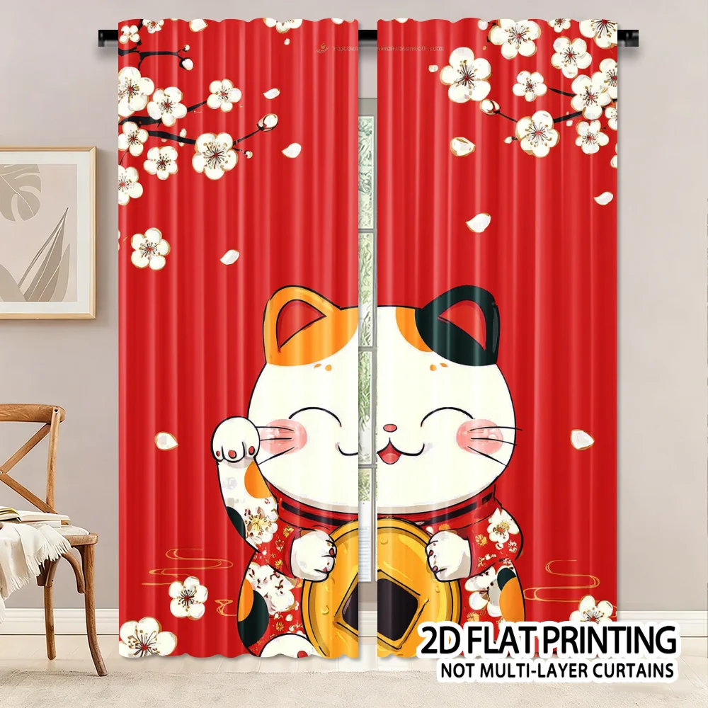 Red flower pattern of the money cat Print Drapes Room Darkening Window Curtains Home Decor,Rod Pocket Blackout Curtains Bedroom