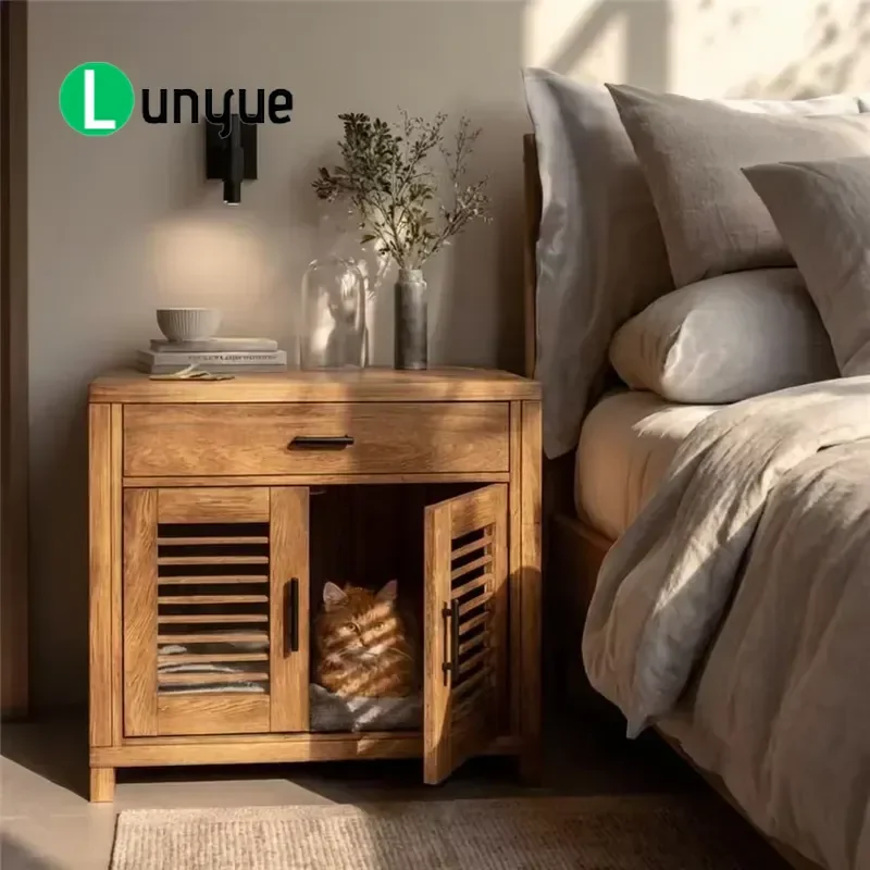 French Luxury Vintage Bohemian Solid Wood Bedside Table with Built-in Cat Dog Pet Bed Apartment Bedroom Furniture Nightstand