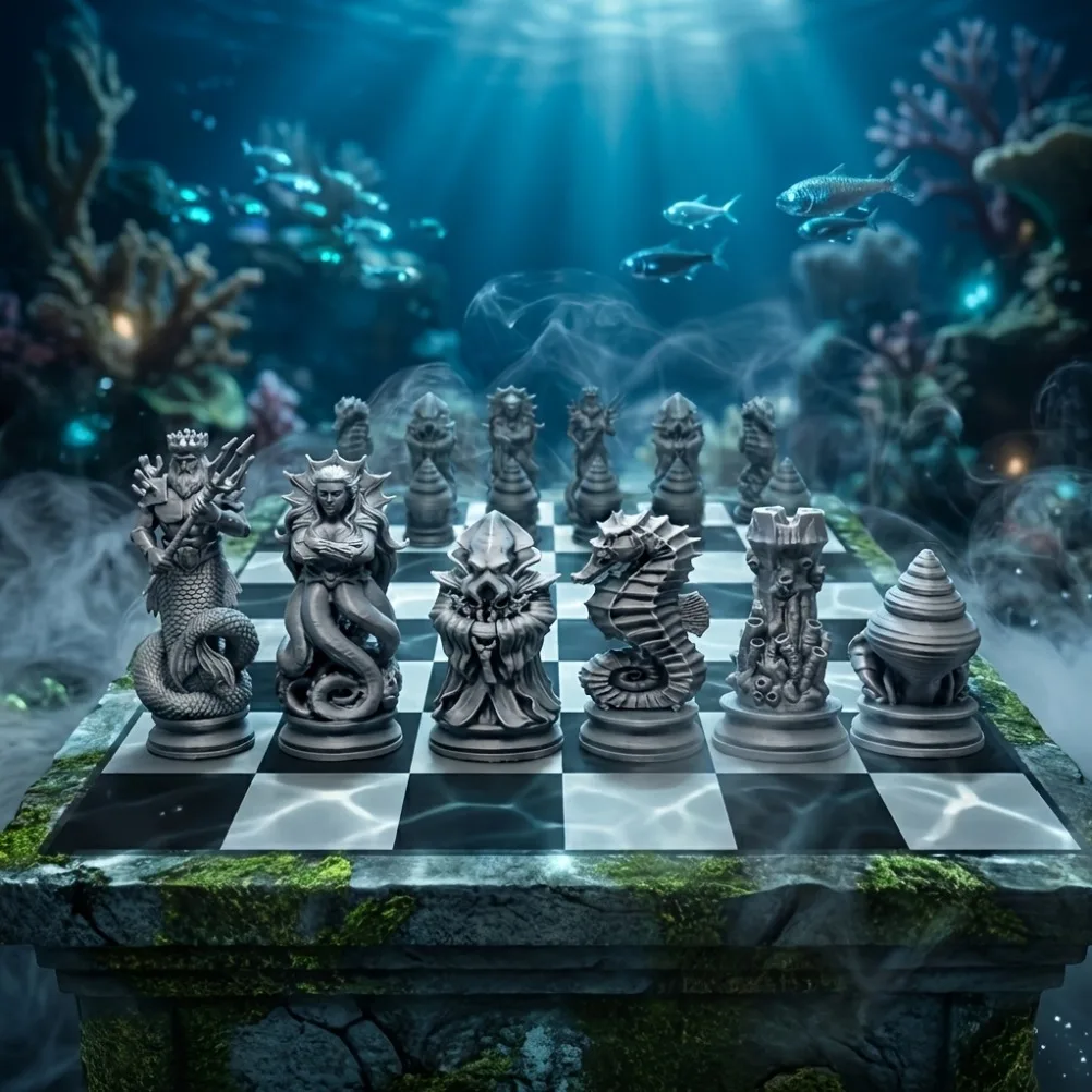 16-teiliges Schachfiguren-Set im Tiefsee-Thema, 3D-gedruckte Ozean-Mythen-Figuren, Korallen-Schach-Ornamente für Tischspiele & Schreibtisch-Dekoration